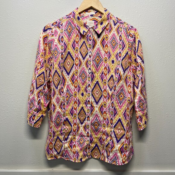 Chico's 100% Linen No-Iron Southwest Pattern Button Up Shirt Sz 8-10 (Chicos 1) - Picture 1 of 6